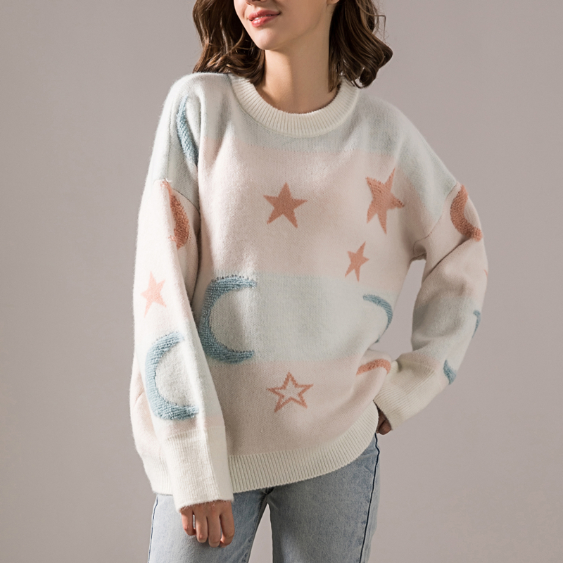 Women's blouse the new loose neck 2020 plus-sized geometric stars pullover knitting long sleeve sweater female 102i, Kiss 
Women's blouse the new loose neck 2020 plus-sized geometric stars pullover knitting long sleeve sweater female 102i, Kiss