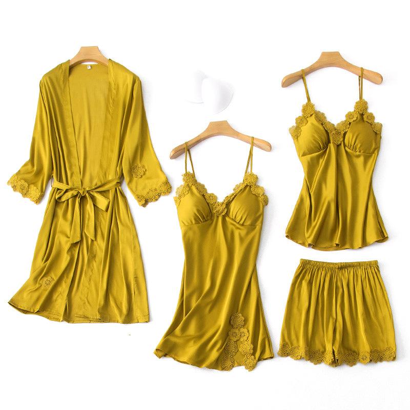 4pcs New Female Spring And Summer Sexy Lace Silky Satin Pajamas With Chest Pad Pajamas Set Sling Female Nightgown Home Service, Yellow
4pcs New Female Spring And Summer Sexy Lace Silky Satin Pajamas With Chest Pad Pajamas Set Sling Female Nightgown Home Service, Yellow