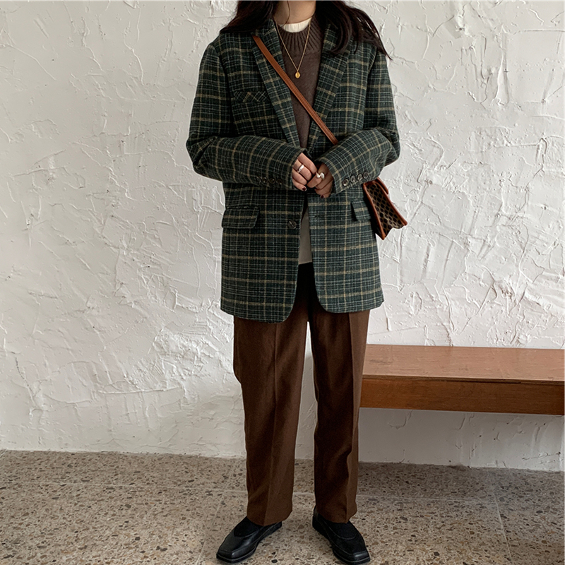 Women Winter Green Plaid Woolen Jacket Coat Femme Retro Notched Collar Single-Breasted Pockets Loose Thickening Blazer 201215
