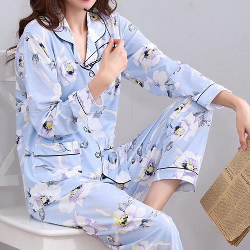 New Long Sleeved Women Pajamas Set Fashion Lovely Print HomeWear Leisure Clothes Women Long Pant Pyjamas Sets Nightwear 201027