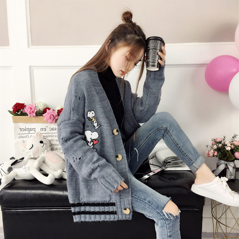 Autumn Embroidered Sweater Coat Loose Casual Korean Fashion Cardigan Sweaters Women's Winter Pocket Sweaters Lady Clothing 201031