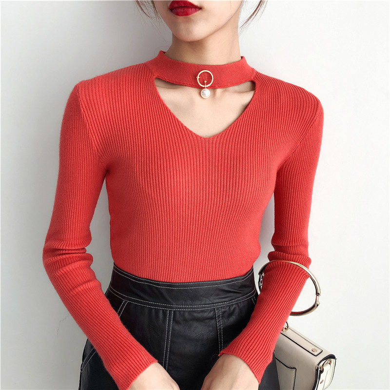 Korean Sweaters For Women Basic High Elastic Knitted Sweater Woman Sexy V-Neck Pullovers Long Sleeve Slim Soft Pull Femme 201023