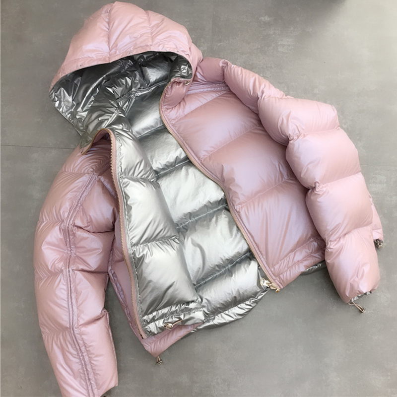 FTLZZ New Gold Silver Double Side Down Coat Winter Jacket Women Big Aritificial Fur White Duck Down Parkas Female Down Outerwear 201019