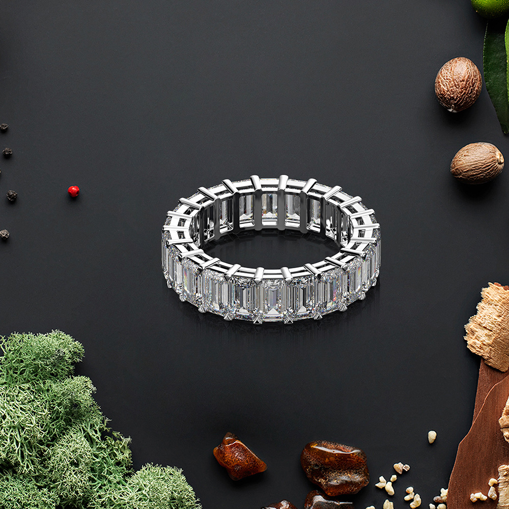 Eternity Emerald Cut Lab Diamond Ring 925 Sterling Silver Engagement Wedding Rings For Women Jewelry Gift