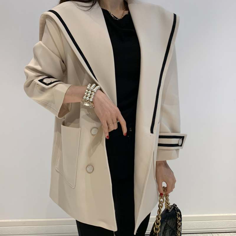 EWQ Fashion Autumn Women Blazers Jackets Work Office Lady Suit Plus Size Business Vneck Double Breasted Coat Apricot 201114