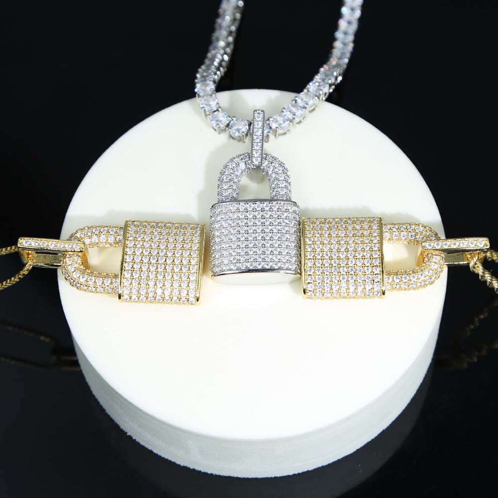 Iced Out Hip Hop Lock Pendant Necklace With Bling Cz Paved 5mm Tennis Chain Necklace Jewelry Wholesale For Women Girl Party Gift