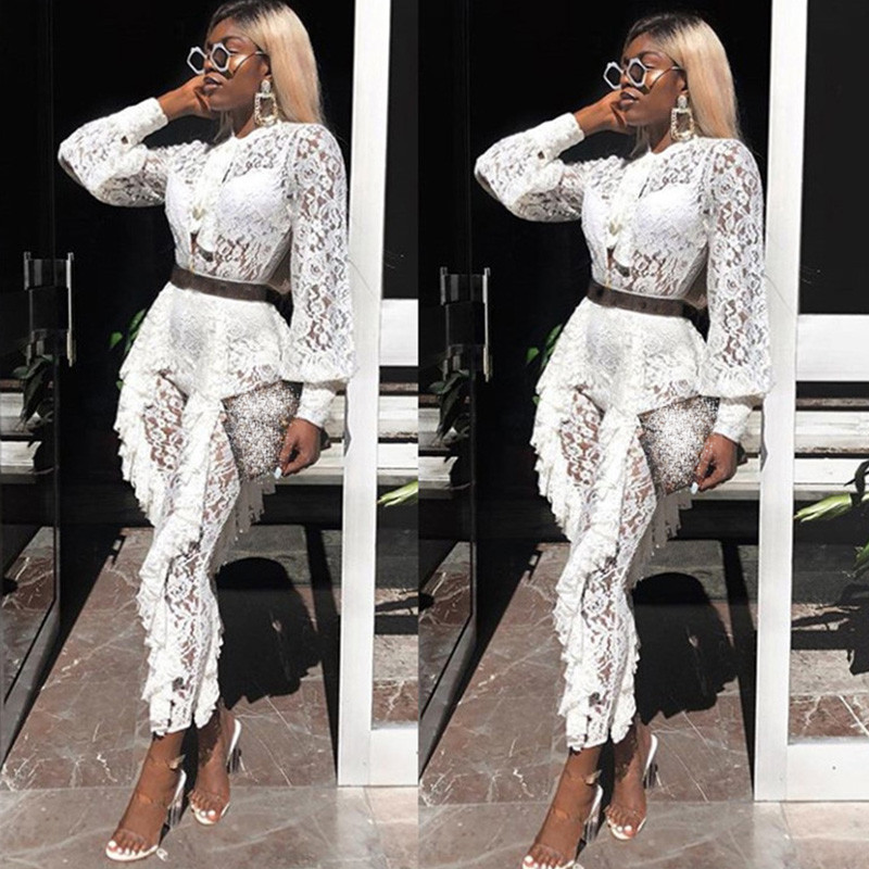 Women's White Sheer Lace Jumpsuit Sexy See Through Ral Ruffles Bodycon Rompers For Party, Club Wear, Night Out B2
