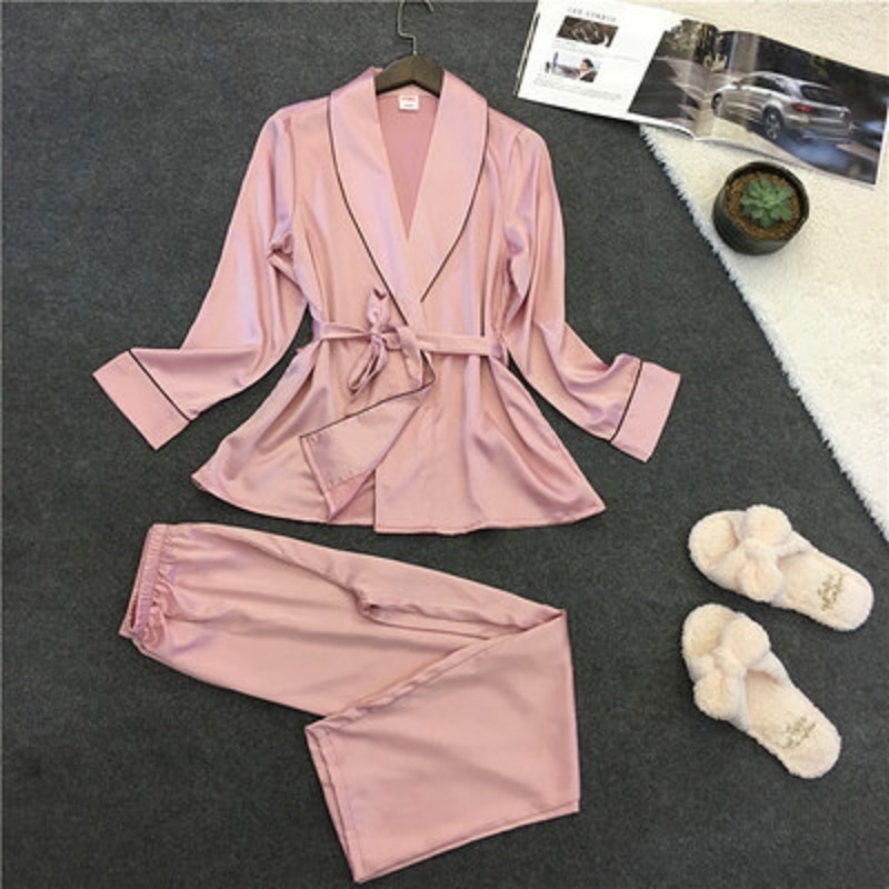 Daeyard High Grade Silk Satin Women Pajama Set Long Sleeve Robe And Pants Female Autumn Bathrobe Suit Elegant Sleepwear Homewear 201113