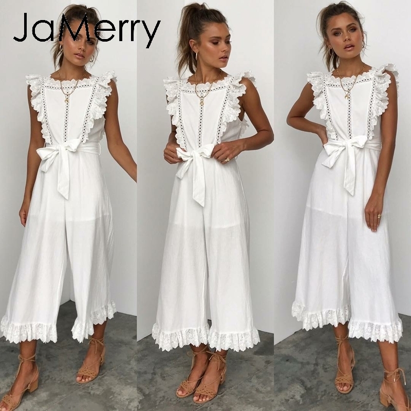 JaMerry Vintage cotton linen ruffled embroidery women jumpsuit Elegant hollow out sashes long jumpsuit romper Casual overalls T200107