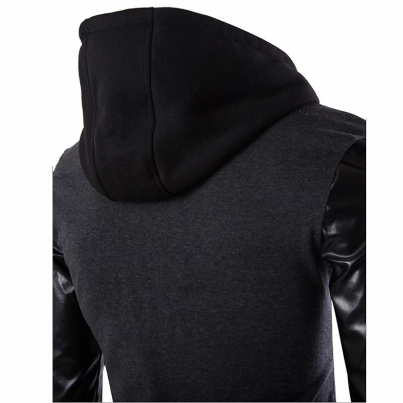 Cool Hooded Jacket Men Spring Fashion Pu Leather Sleeve Splice Bomber Jacket Casual Windbreaker Blouson Veste Sweat Homme 201218