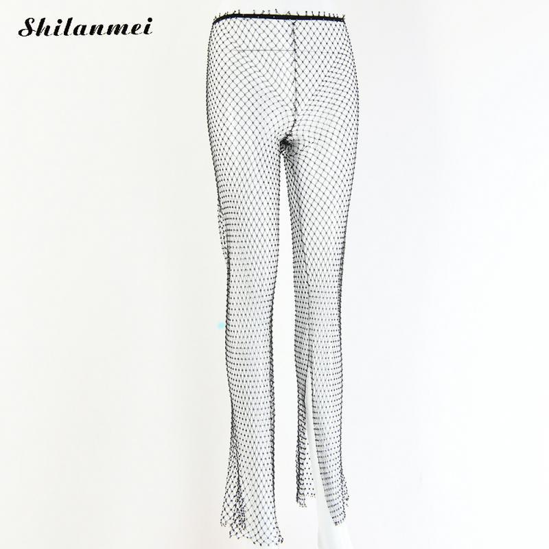 Sparkle High Waist Leggings Pants Embellished Mesh Diamante Wide Leg Pants Women See Through Transparent Trousers Net Trouser T200606
