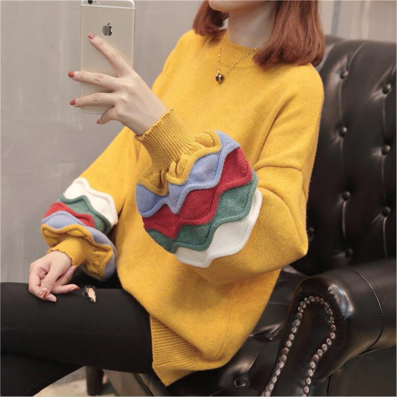 autumn and winter loose round neck color wide-sleeved sweater hem hole lazy wind pullover sweater women 201223