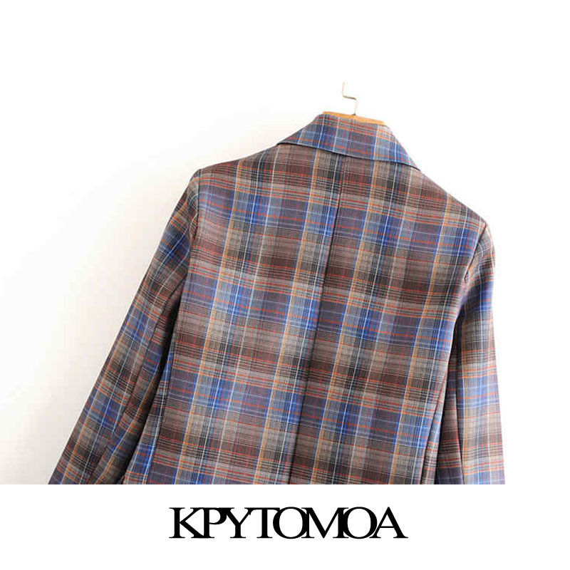 Vintage Stylish Double Breasted Plaid Blazer Coat Women Fashion Long Sleeve Pockets Office Wear Female Outerwear Chic Tops 201114