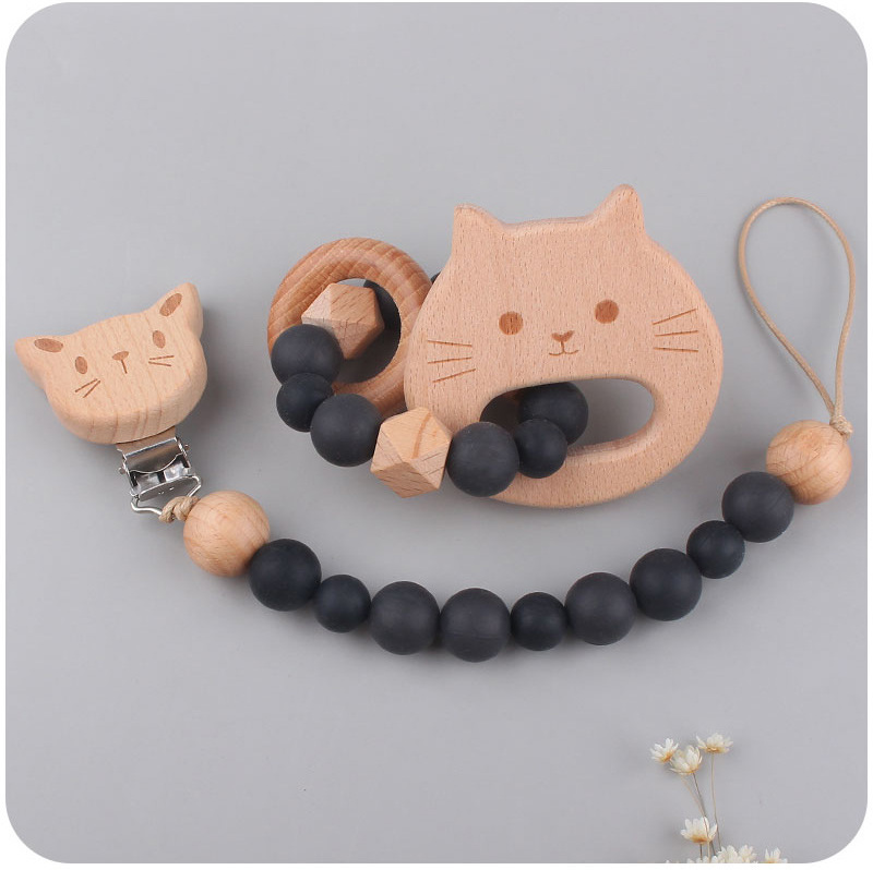INS baby Safty Wooden Soothers & Teethers Cat Sun Star Shape Beads Ball Design Health Care Teething Training Infant Pacifier Anti-Drop Chain Set Over 