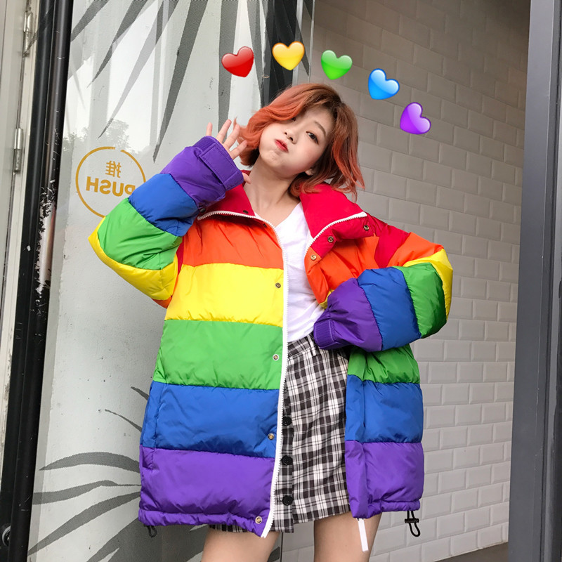 U-SWEAR Harajuku Winter Casual Jacket Women Rainbow Wadded Parka Plus Size Loose Striped Coat Femme Chaqueta Mujer 201119