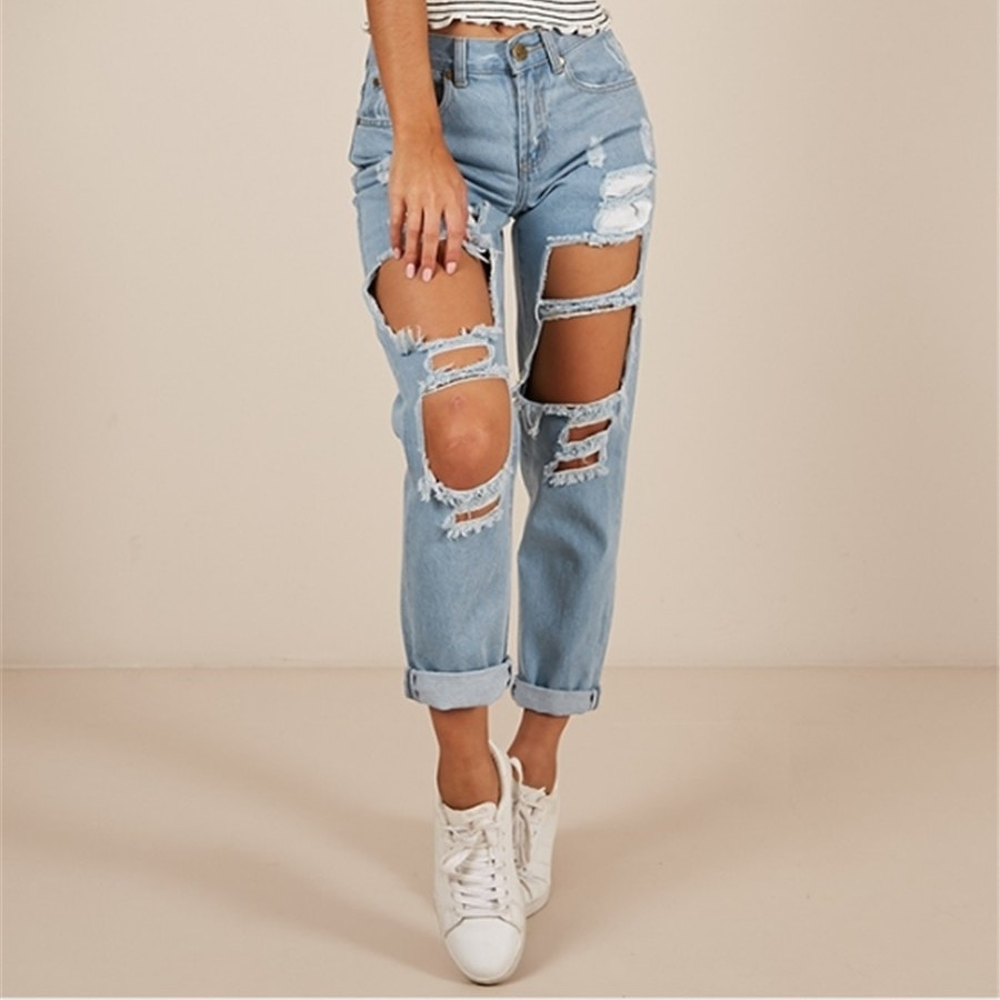 WITHZZ Women's Fashion Hole Ripped Denim Scratched Straight Pants Female Trousers Jeans 201105