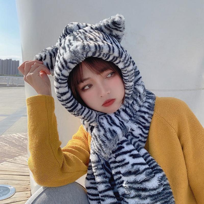 Winter 2 In 1 Hooded Cross Scarf Beanie Hat Women Zebra-Striped Cute Bear Ears Fuzzy Plush Earflap Cap Windproof Neck Warm Shawl, Black 
Winter 2 In 1 Hooded Cross Scarf Beanie Hat Women Zebra-Striped Cute Bear Ears Fuzzy Plush Earflap Cap Windproof Neck Warm Shawl, Black