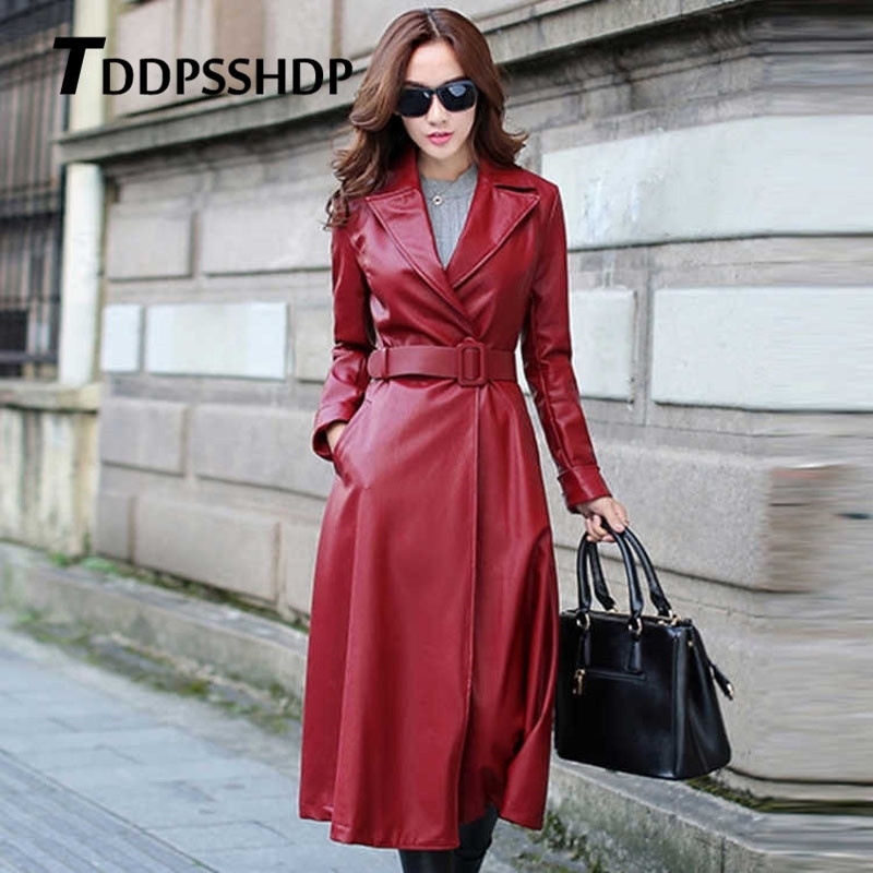 Black and Red Color Long Spring Thick Women Leather Coat Long Sleeve Waist Strap Pocket Female Jacket 201030