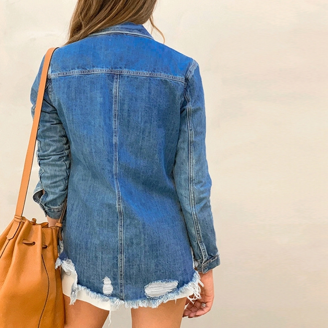 Vintage Long Sleeve Clothes Blusa Hole Ripped Denim Shirt Women 2019 Autumn Spring Pocket Slim Tops Cardigan Jeans Shirts T200321
