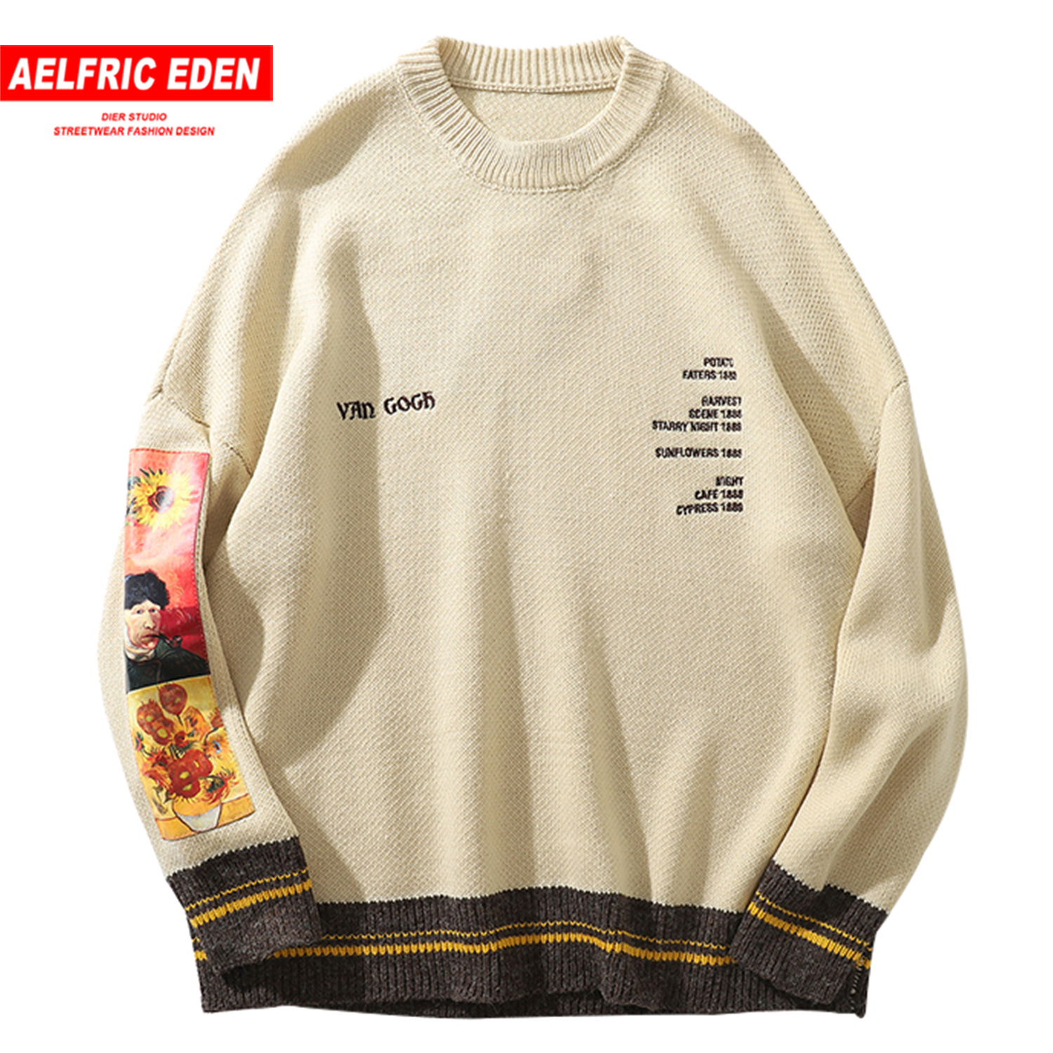 Aelfric Eden Hip Hop Sweater Pullover Men Van Gogh Painting Embroidery Knitted Sweater Harajuku Streetwear Tops Casual Pullover 201028