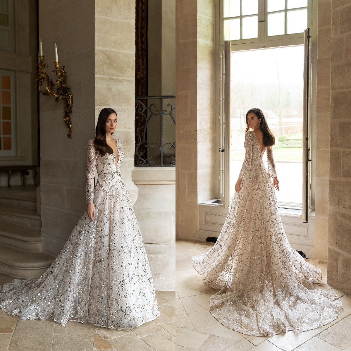 2021 A-Line Wedding Dresses Deep V Neck Long Sleeves Backless Bridal Gowns Custom Made Sequins Lace Sweep Train Wedding Dress, Gold
2021 A-Line Wedding Dresses Deep V Neck Long Sleeves Backless Bridal Gowns Custom Made Sequins Lace Sweep Train Wedding Dress, Gold