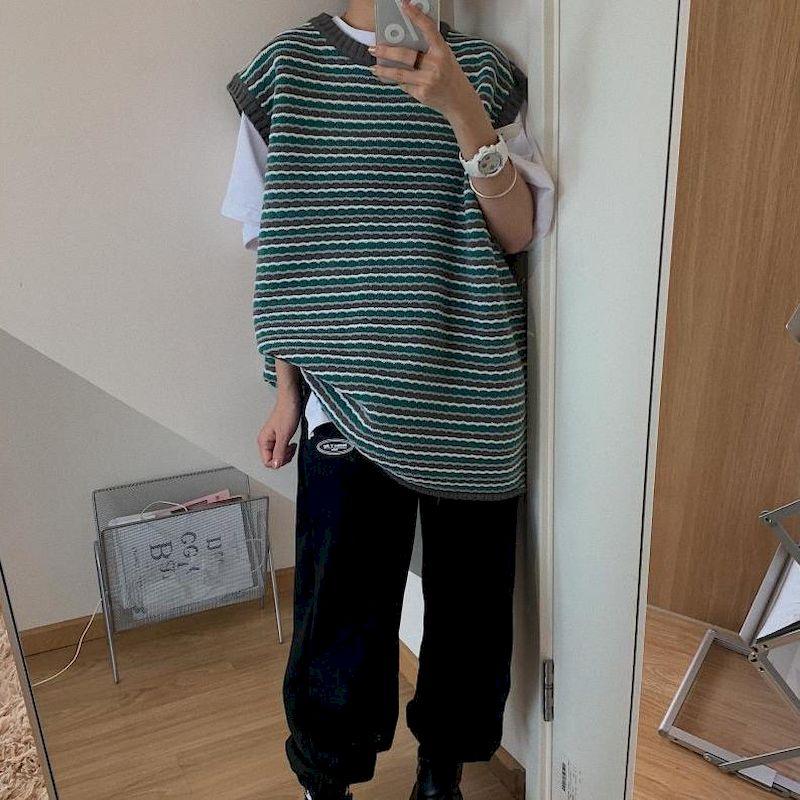 Autumn New Harajuku Style Striped Sleeveless Vest Sweater for Female Students Korean Mid-length Korean Fall O-Neck Oversized, Green
Autumn New Harajuku Style Striped Sleeveless Vest Sweater for Female Students Korean Mid-length Korean Fall O-Neck Oversized, Green