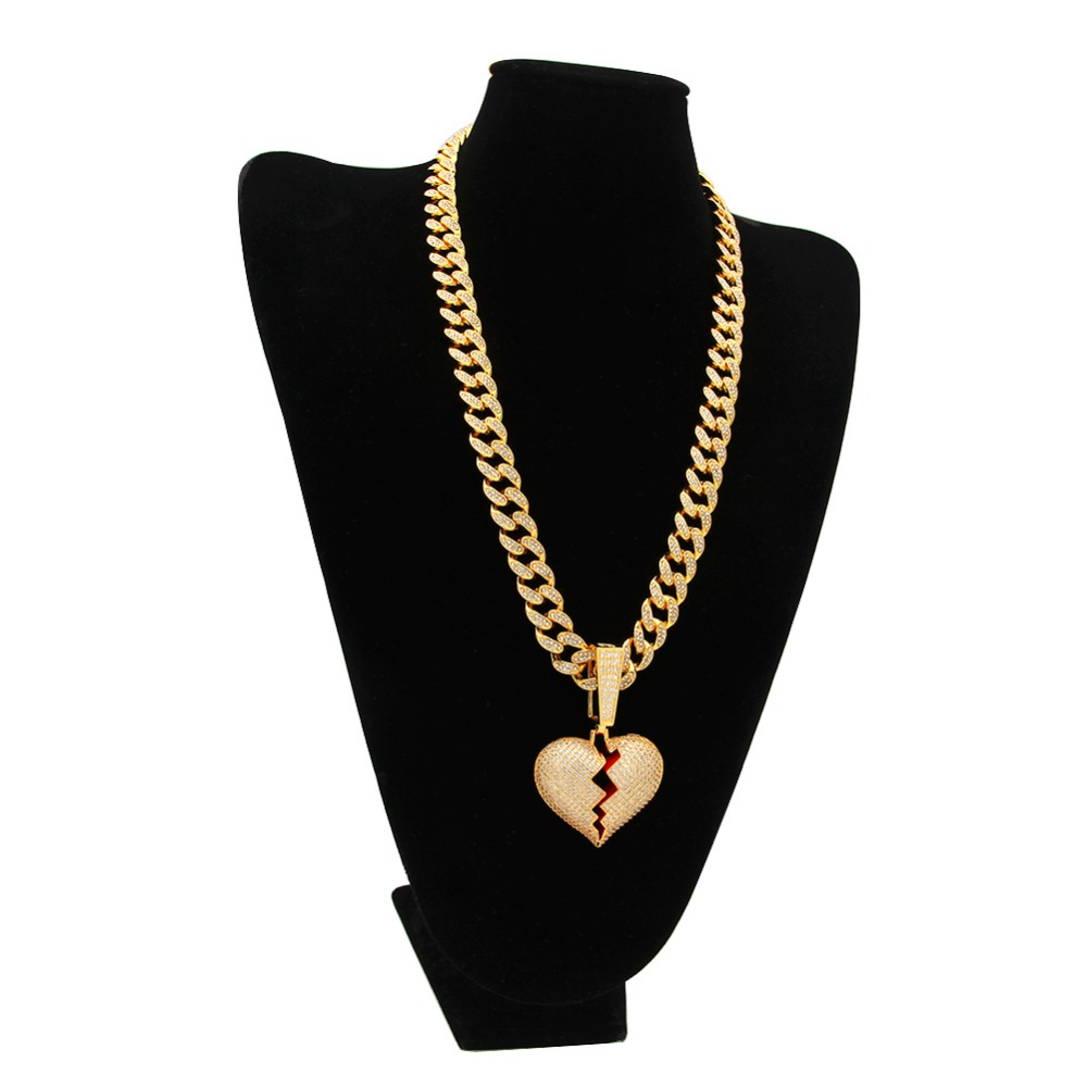 Hip Hop Jewelry Designer Necklace Iced Out Pendant Cuban Link Chain Gold Dia Break Heart Pendants Bling Charm Rapper Men Wedding Free shipping Free sh