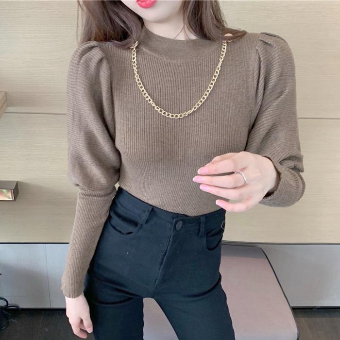 Solid Color Chain Puff Sleeve Knitted Half Turtleneck Top Women Slim Long Sleeved Bottoming Sweater, Black
Solid Color Chain Puff Sleeve Knitted Half Turtleneck Top Women Slim Long Sleeved Bottoming Sweater, Black