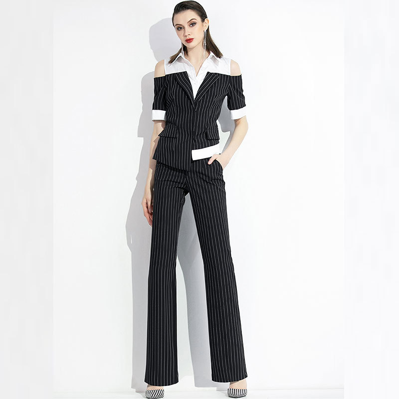 Women's pantsuit Summer black Notched 2 piece set Suits Broadcloth ladies Office Blazer Suit Trouser T200818