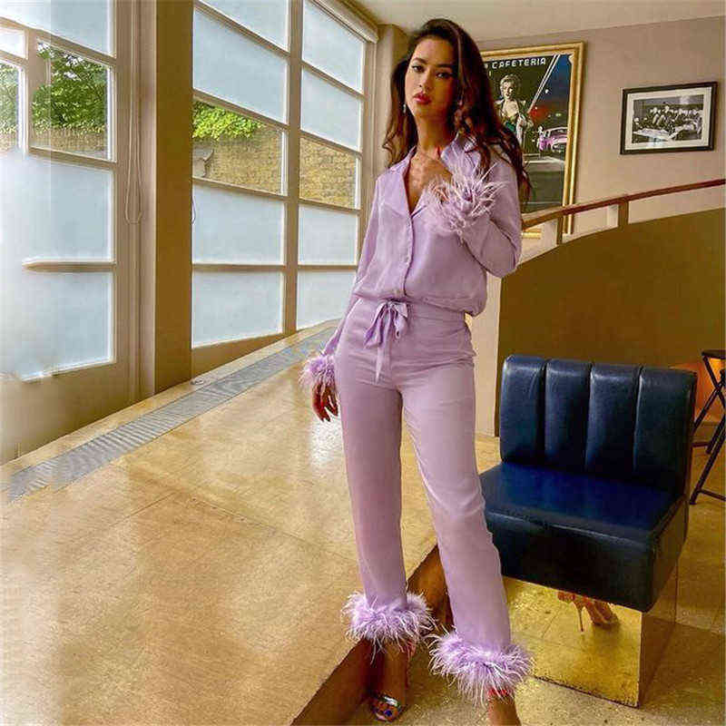 Trendy Women Pajamas Set Autumn Casual Lapel Tops + Feather Pants Suits Sexy Lingerie Nightwear Silk Satin Pyjamas pjs Suit 2Pcs X220214