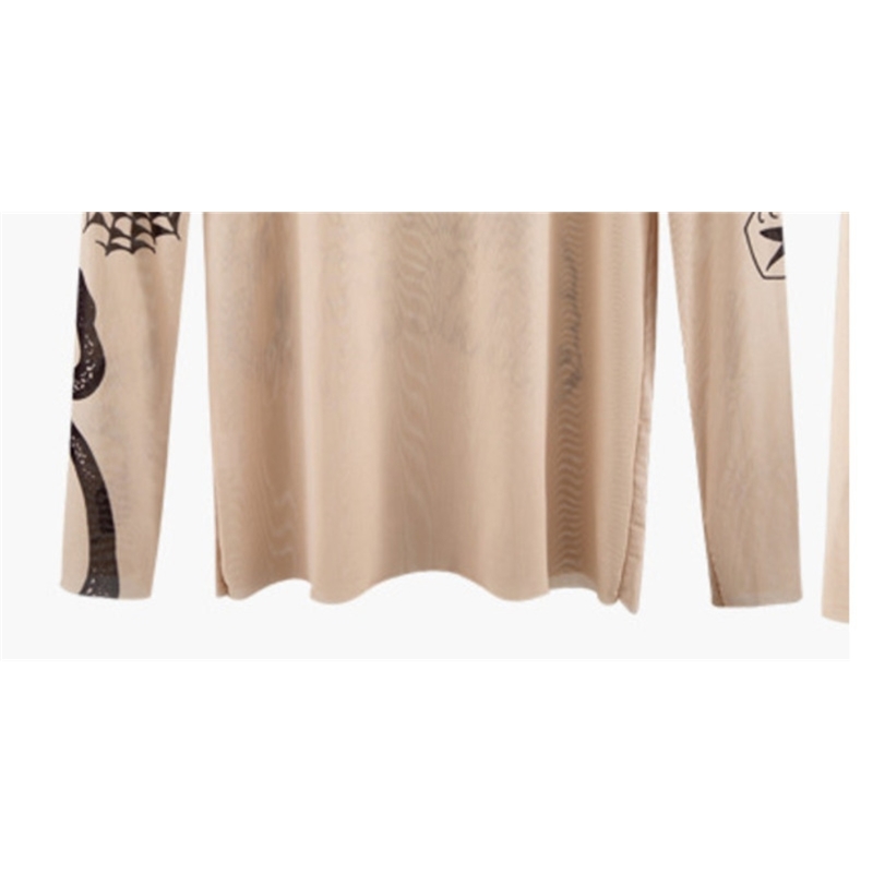 2020 Autumn New Fashion Women Basal Top Goddess Tatoo Print Long Sleeve High Tight Collar Nude Color Mesh Yarn SEXY T shirt LJ200818