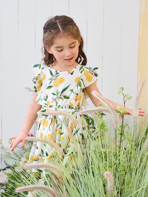Toddler Girls Lemon & Floral Print Ruffle Trim Belted Dress SHE
