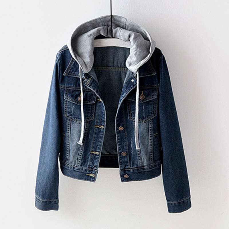 Vintage Denim Jacket Women Autumn Coat Ripped Hooded Outerwear Coats Windbreaker Basic Boyfriend Female Jeans Jacket Plus Size 201026