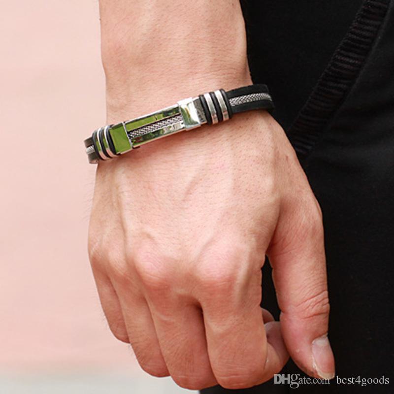 Mens Bracelets Black Stainless Steel Silicone Bracelets Charm Bracelet Male Bangle For Men Jewelry Silver & Rose Gold Color