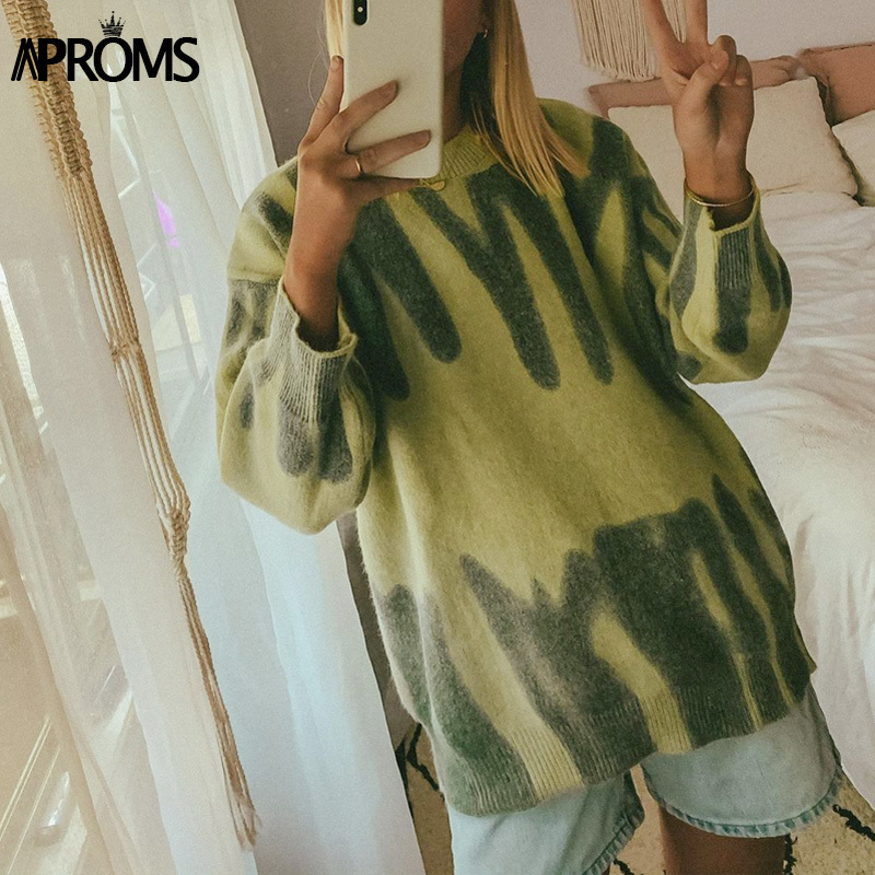 Aproms Elegant Green Striped Print Oversized Pullovers Women Winter O-Neck Loose Long Sweaters Streetwear Warm Outerwear 201023