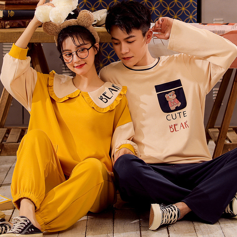 NIGHTWA Autumn Pajamas Couples Cotton Sleepwear Soft Pyjama Sets Cartoon Pattern Women Pajama Set Long Sleeve Men Lounge Pijamas 201027