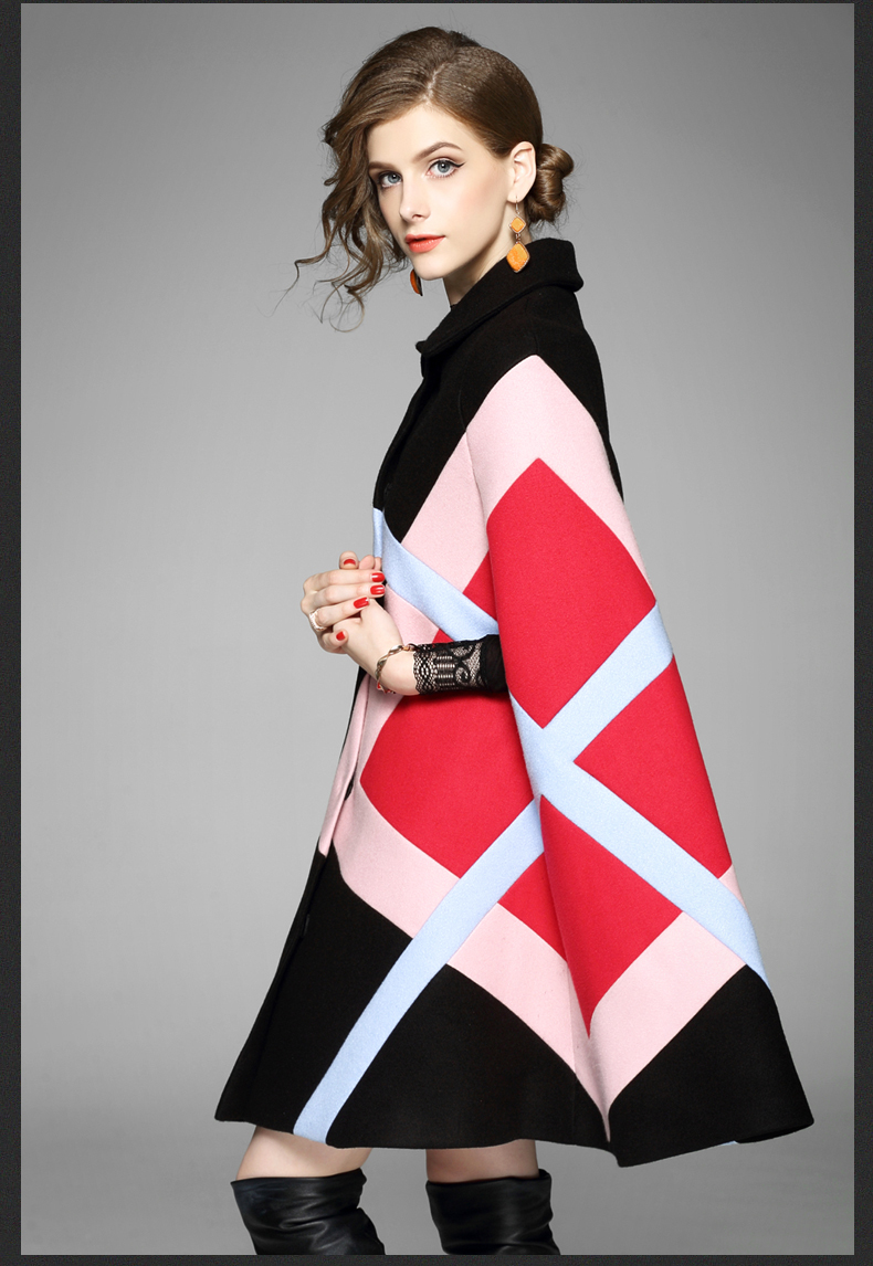 Runway Autumn Winter Women Cloak Poncho lapel Wool Blends Coat Geometric Patchwork Batwing Sleeve Tweed Cape Outerwear 201210