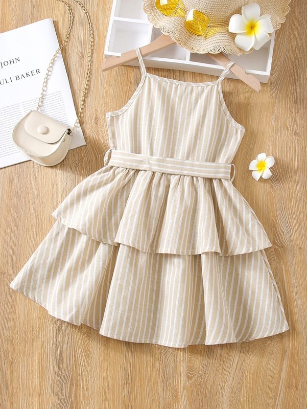 Toddler Girls Striped Two Layer Hem Belted Cami Dress SHE