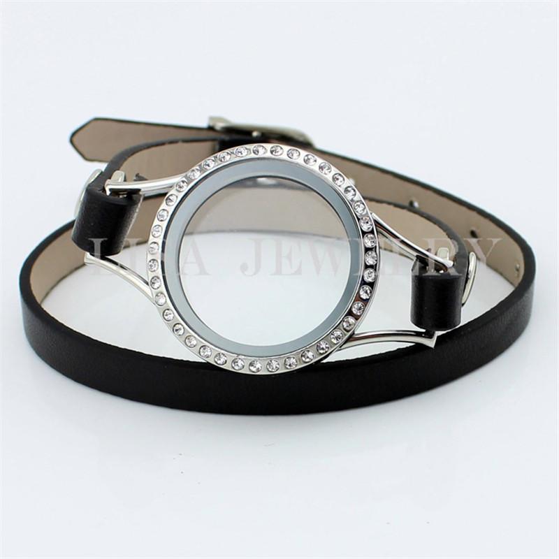 New Design black Crystal PU leather floating charm memory living 30mm Twist Memory Glass Lockets bracelet