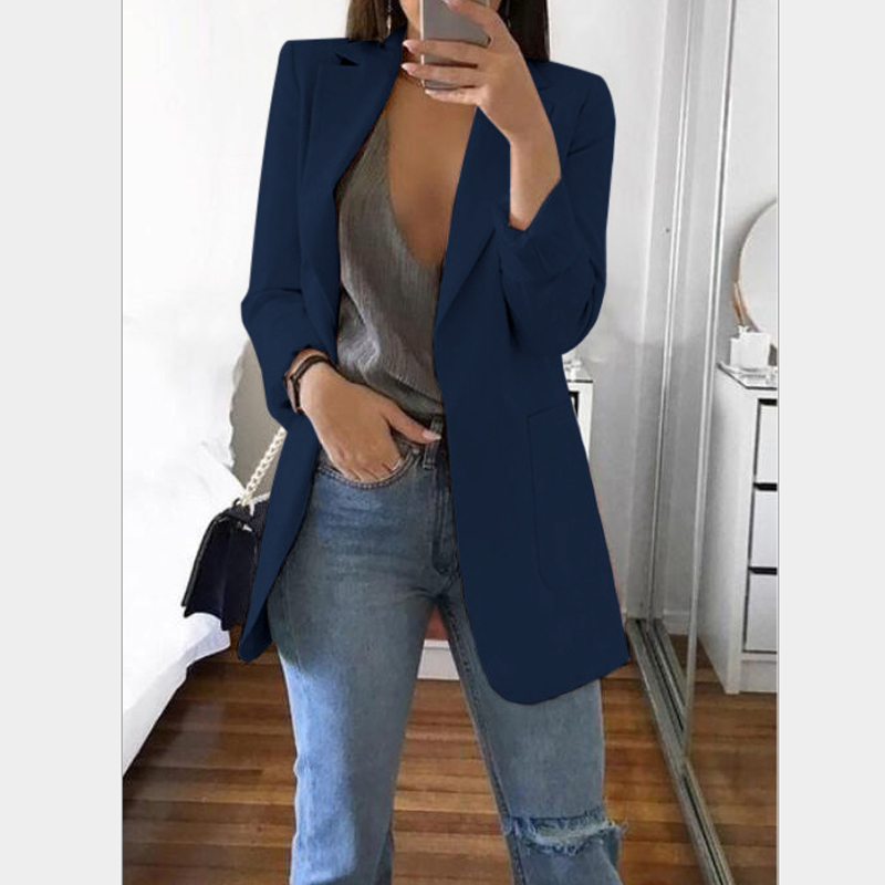 Slim Blazer Autumn Suit Blazers Jacket Female Work Office Lady Black with Pockets Business Notched Coat 201114