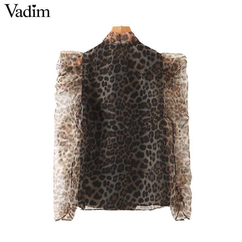 women Organza leopard print blouse long sleeve animal pattern bow tie cute shirts female see through tops blusas LB564 T200320