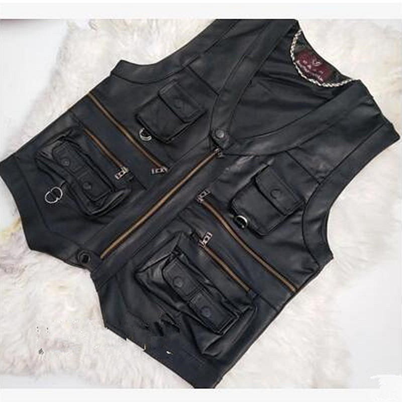 gentlement leather vest male slim commercial male leather vest sheepskin leather men vest waistcoat with many pockets 201120