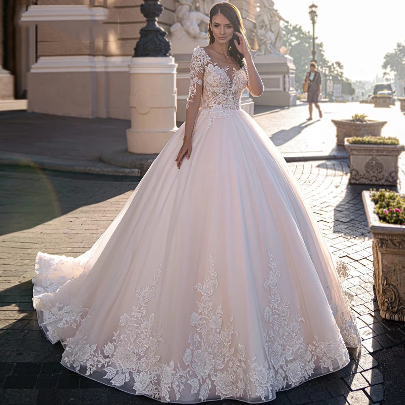 2022 Scoop Neck Long Sleeves A Line Wedding Dress For Bride Appliques Lace Pearls Beaded Spring Summer Wedding Gowns Open Back Illusion bridal Tulle F