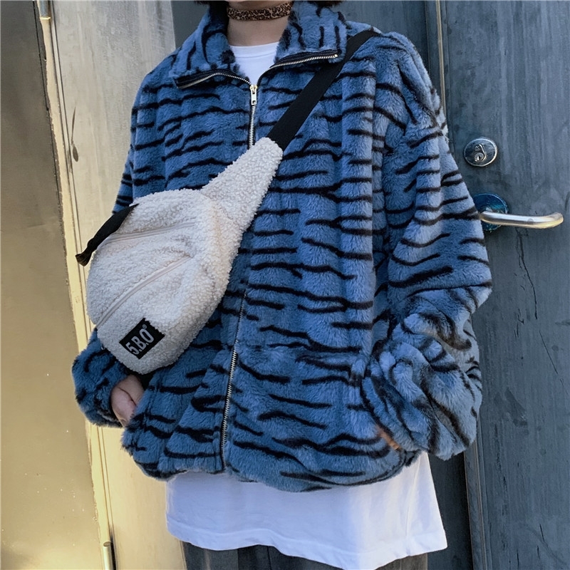 Lychee Girls Zebra Tiger Pattern Zipper Women Teddy Jacket Autumn Winter Lady Teddy Jackets Loose Turtleneck Female Outerwear 201017