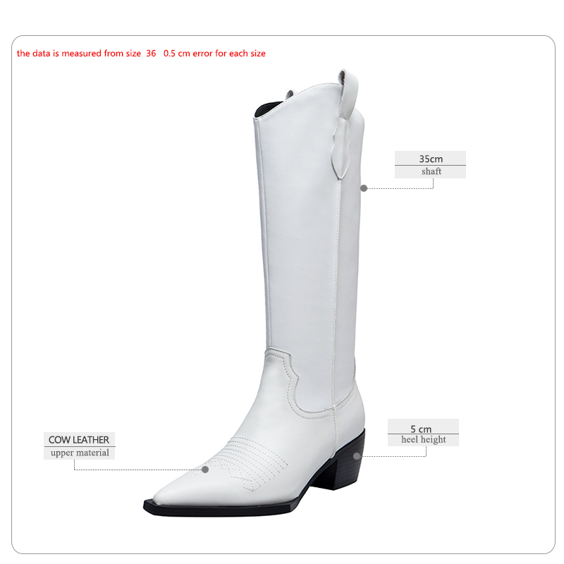 ISNOM Western Boots Women Knee High Cowboy Boots Fashion Pointed Toe Sewing Shoes Female High Heels Thick Shoes Ladies Autumn Y200115