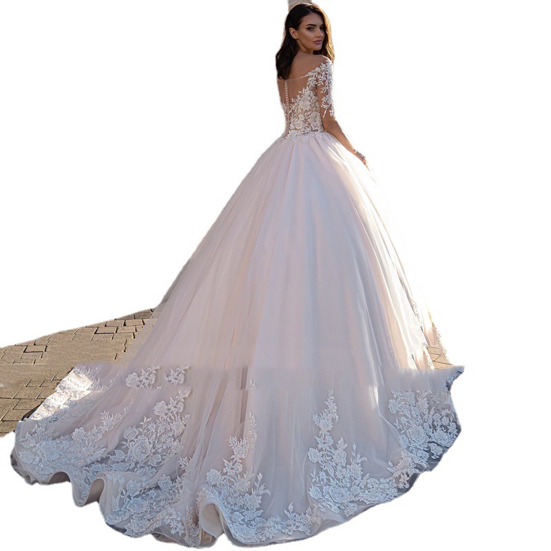 2022 Scoop Neck Long Sleeves A Line Wedding Dress For Bride Appliques Lace Pearls Beaded Spring Summer Wedding Gowns Open Back Illusion bridal Tulle F