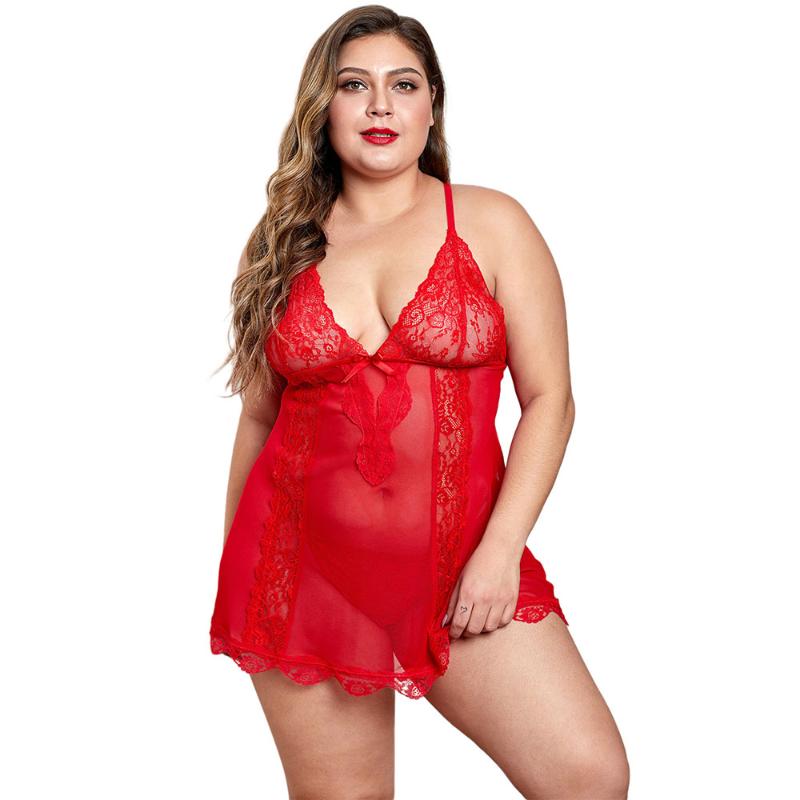 Femmes PLUS Taille Sous-Vêtements Sous-vêtements Sleepwear Babydoll Lingerie Robes + Thong 2 Morceaux Ensembles Dames Dentelle Dacette Sheer Mesh