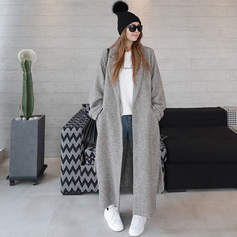 Johnature Wool Korean Women Coats Autumn Winter Turn-down Collar Pockets Loose Long Warm Coats 201215