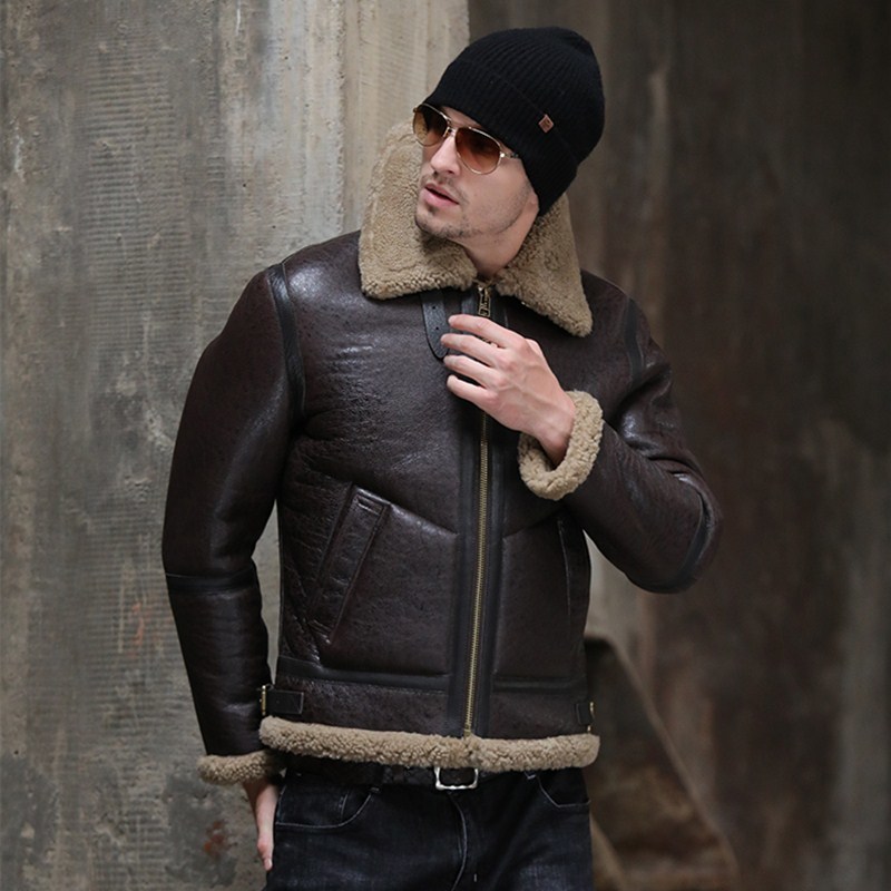 Sani Sheepskin Fur Shearling Men's Short Warm Overcoat Flight Clothing Hooded Fur Collar Genuine Leather Fur Jacket LJ201217