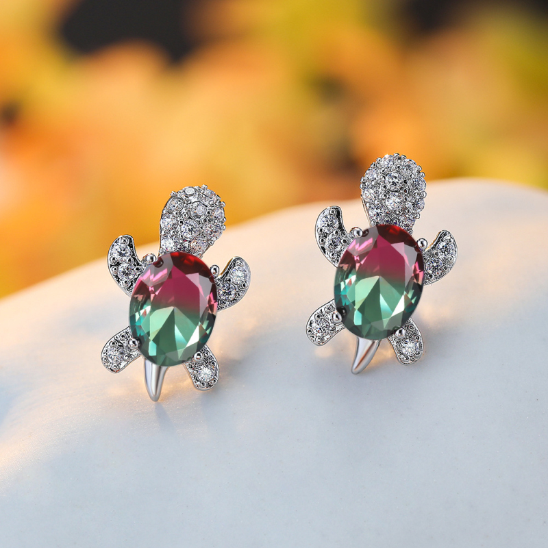 Cute Design White Gold Plated Colorful Gemstone Stud Earring Copper Turtle Earrings for Women Gift